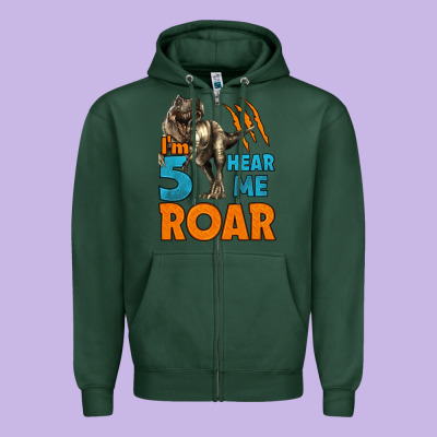 I'm Five Hear Me Roar Dinosaur Birthday Zipper Hoodie Designed By Lillyallendesigns