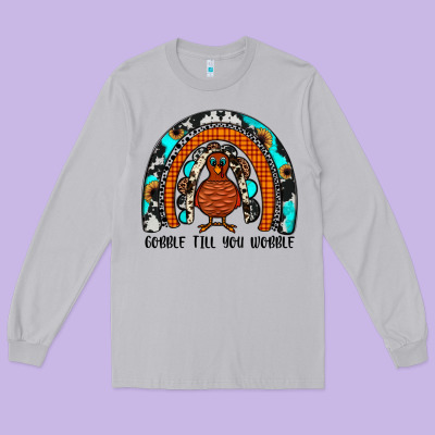 Gobble Till You Wobble Rainbow Long Sleeve Tee Designed By Jahusdesignshop