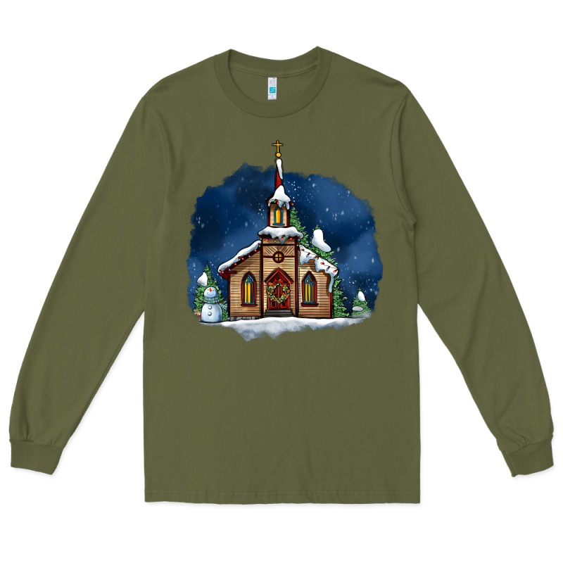 Christmas Church And Snow Long Sleeve Tee by AdoDesignShop | Teevron