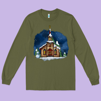 Christmas Church And Snow Long Sleeve Tee Designed By Adodesignshop