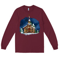 Burgundy Christmas church and snow Long Sleeve Tee - AdoDesignShop