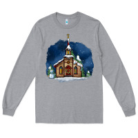 Heather Grey Christmas church and snow Long Sleeve Tee - AdoDesignShop