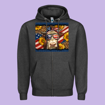 Western 4th Of July Cow Zipper Hoodie Designed By Lillyallendesigns