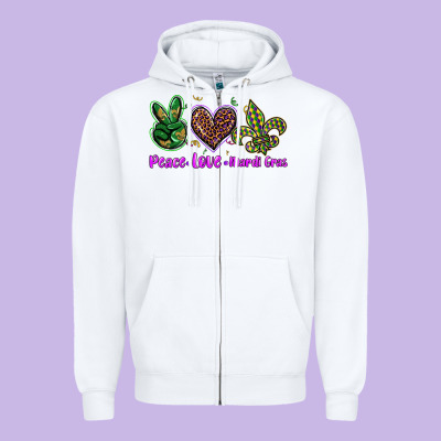 Peace Love Mardi Gras Zipper Hoodie Designed By Barkaloodesign