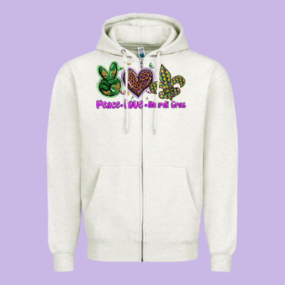Peace Love Mardi Gras Zipper Hoodie Designed By Barkaloodesign