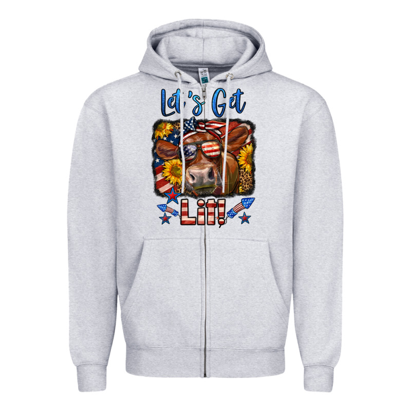Let's Get Lit 4th Of July Cow Zipper Hoodie by LillyAllenDesigns | Teevron