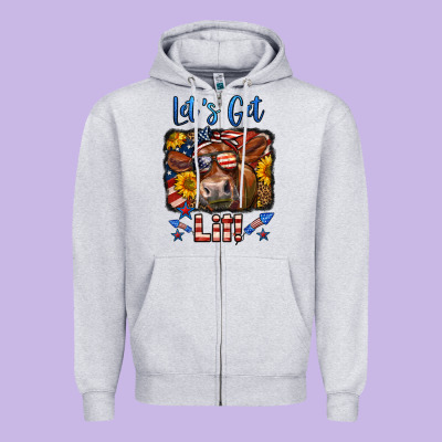 Let's Get Lit 4th Of July Cow Zipper Hoodie Designed By Lillyallendesigns