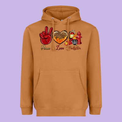 Peace Love Firefighter Heavyweight Hoodie Designed By Nancycooperartshop
