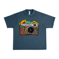 Midnight Navy Sunflower Gemstone Vintage Camera Urban Heavy Tee - FaDigitalArtStudio