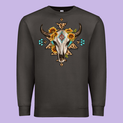 Bull Skull With Aztec Sunflower Leopard Premium Sweatshirt Designed By Maliassmallbusiness
