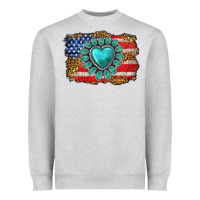 Heather Grey American flag leopard turquoise gemstone Heavyweight Sweatshirt - Neo Western