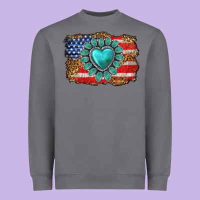 American Flag Leopard Turquoise Gemstone Heavyweight Sweatshirt Designed By Neo Western