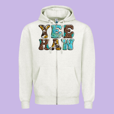 Western Sunflowers Turquoise Leopard Yee Haw Zipper Hoodie Designed By Barkaloodesign