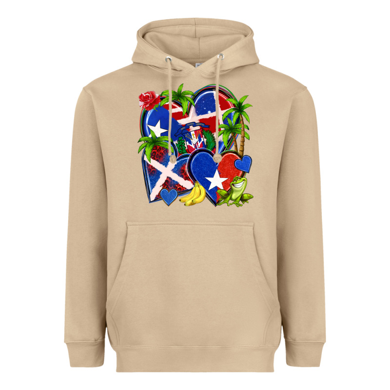 Puerto Rico With Dominican Republic Hearts Heavyweight Hoodie by NancyCooperArtShop | Teevron