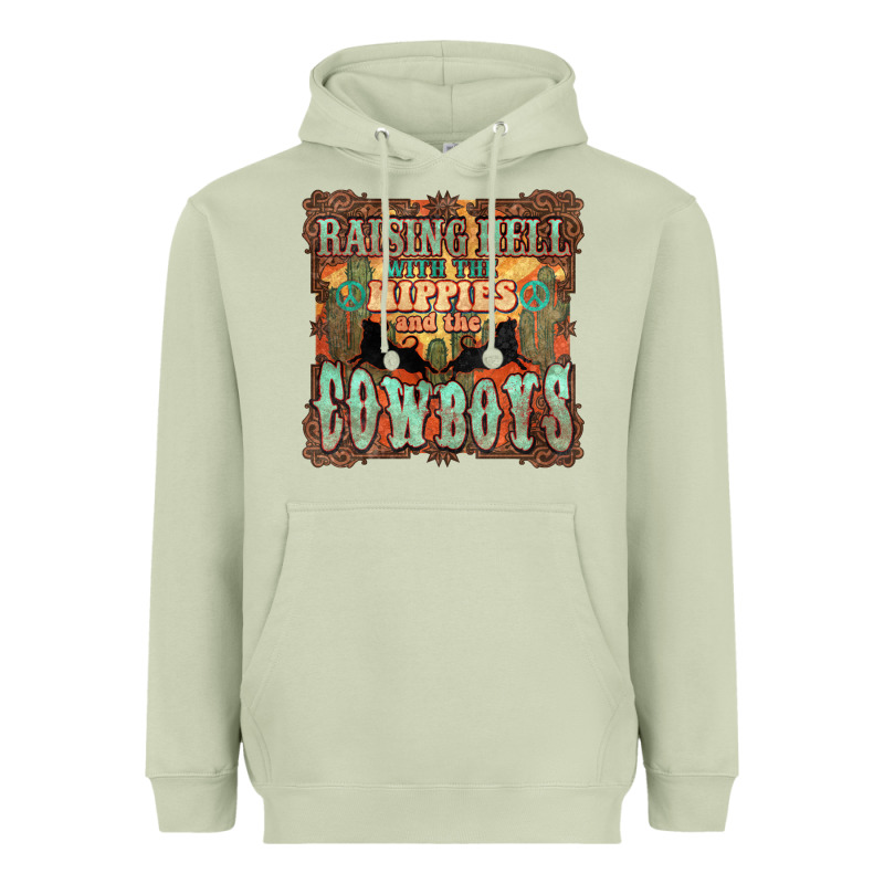Raising Hell With The Hippies And The Cowboys Heavyweight Hoodie by NancyCooperArtShop | Teevron
