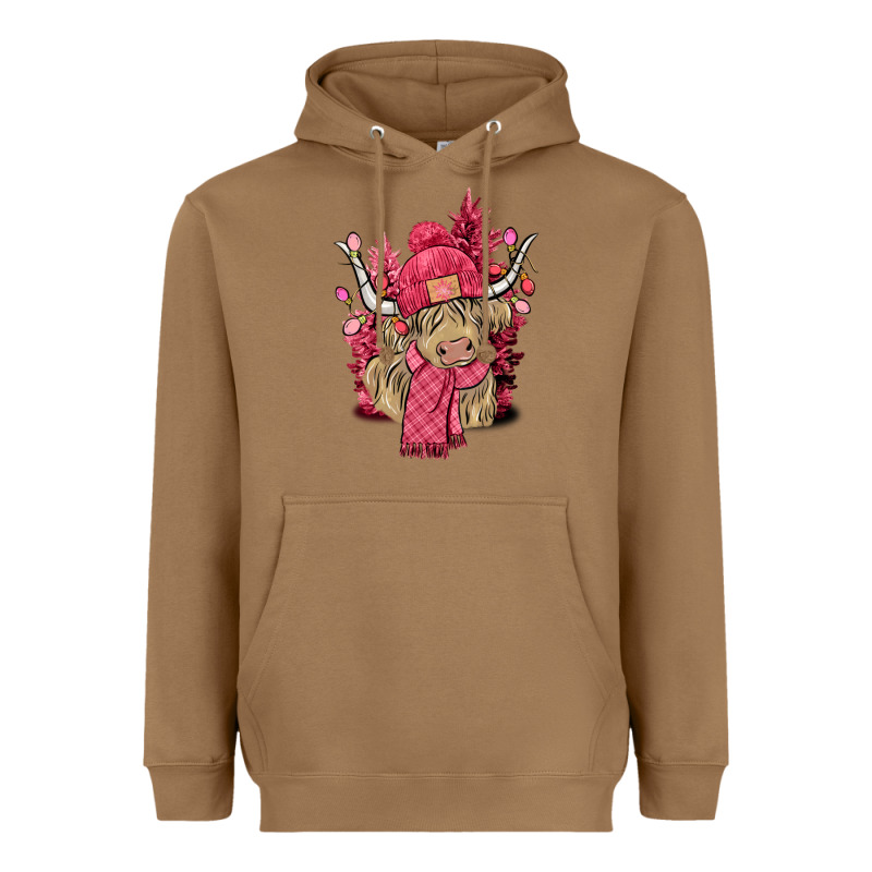 Pink Winter Long Haired Cow Heavyweight Hoodie by NancyCooperArtShop | Teevron