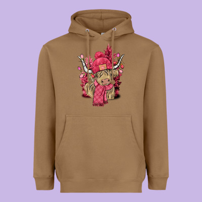 Pink Winter Long Haired Cow Heavyweight Hoodie Designed By Nancycooperartshop