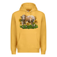 Mustard simmental bull with sunflowers Premium Hoodie - LillyAllenDesigns