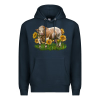 Navy simmental bull with sunflowers Premium Hoodie - LillyAllenDesigns