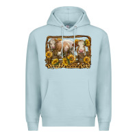 Blue Mist simmental bull and heifer with sunflowers Premium Hoodie - LillyAllenDesigns