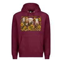 Burgundy simmental bull and heifer with sunflowers Premium Hoodie - LillyAllenDesigns