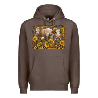 Coffee simmental bull and heifer with sunflowers Premium Hoodie - LillyAllenDesigns