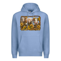 Colony Blue simmental bull and heifer with sunflowers Premium Hoodie - LillyAllenDesigns