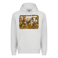 Dove Grey simmental bull and heifer with sunflowers Premium Hoodie - LillyAllenDesigns