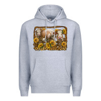Heather Grey simmental bull and heifer with sunflowers Premium Hoodie - LillyAllenDesigns
