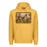 Mustard simmental bull and heifer with sunflowers Premium Hoodie - LillyAllenDesigns