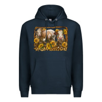 Navy simmental bull and heifer with sunflowers Premium Hoodie - LillyAllenDesigns