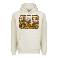 Oatmeal Heather simmental bull and heifer with sunflowers Premium Hoodie - LillyAllenDesigns