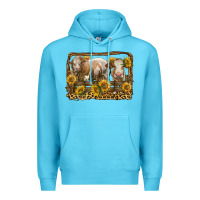 Ocean Blue simmental bull and heifer with sunflowers Premium Hoodie - LillyAllenDesigns