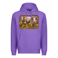 Purple simmental bull and heifer with sunflowers Premium Hoodie - LillyAllenDesigns