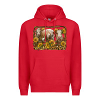 Red simmental bull and heifer with sunflowers Premium Hoodie - LillyAllenDesigns
