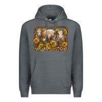 Rock simmental bull and heifer with sunflowers Premium Hoodie - LillyAllenDesigns