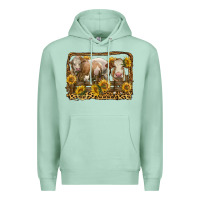 Seafoam simmental bull and heifer with sunflowers Premium Hoodie - LillyAllenDesigns