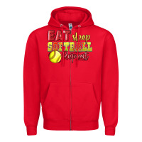 Red Eat Sleep Softball Repeat Zipper Hoodie - LillyAllenDesigns