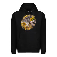 Black arabian horse with sunflowers Premium Hoodie - LillyAllenDesigns