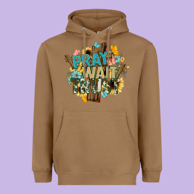 Pray Wait Trust Crosses Christian Heavyweight Hoodie Designed By Nancycooperartshop