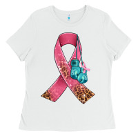 White cancer ribbon and boxing gloves Ladies Tee - AdoDesignShop