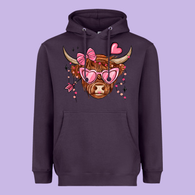 Valentines Day Long Haired Cow Heavyweight Hoodie Designed By Maliassmallbusiness