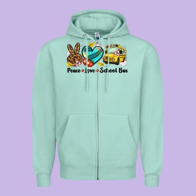 Peace Love School Bus Zipper Hoodie Designed By Nancycooperartshop