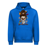 Cobalt Spooky Vibes Skull Messy Bun Urban Hoodie - texasbilliewilder