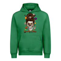 Emerald Spooky Vibes Skull Messy Bun Urban Hoodie - texasbilliewilder