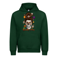 Forest Green Spooky Vibes Skull Messy Bun Urban Hoodie - texasbilliewilder