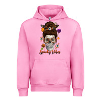 Fuchsia Pink Spooky Vibes Skull Messy Bun Urban Hoodie - texasbilliewilder
