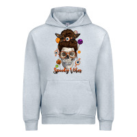 Heather Grey Spooky Vibes Skull Messy Bun Urban Hoodie - texasbilliewilder