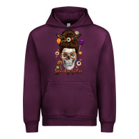 Mauve Wine Spooky Vibes Skull Messy Bun Urban Hoodie - texasbilliewilder