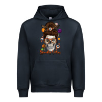 Navy Spooky Vibes Skull Messy Bun Urban Hoodie - texasbilliewilder